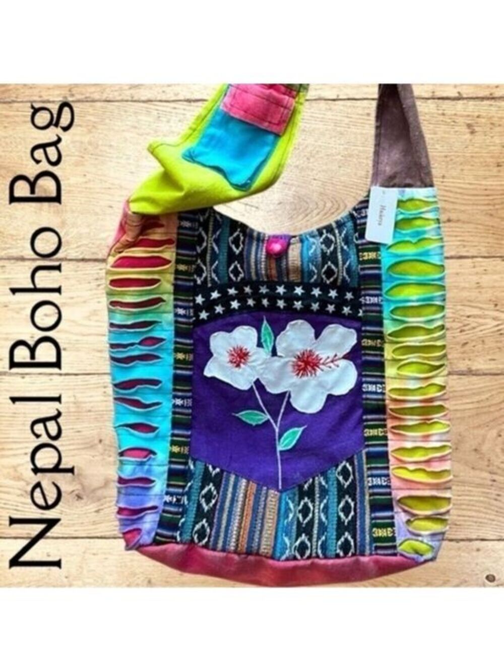 BOHO NEPAL NWT Hand Crafted 100% Cotton Stonewashed w/Patchwork Accent Bag